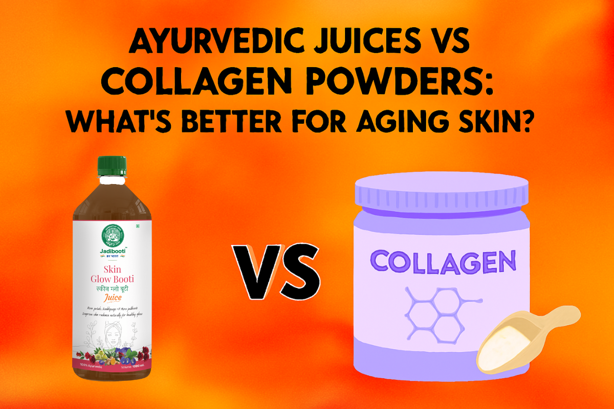 Infographic comparing Ayurvedic juices and collagen powders for aging skin, featuring a collagen jar and scoop on a vibrant orange background with bold black text asking which is better.